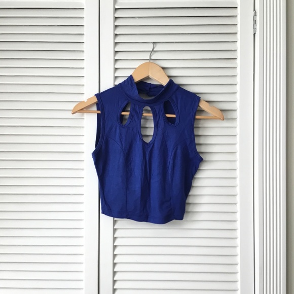 Tops - High Neck Cut Out Crop Top Royal Blue